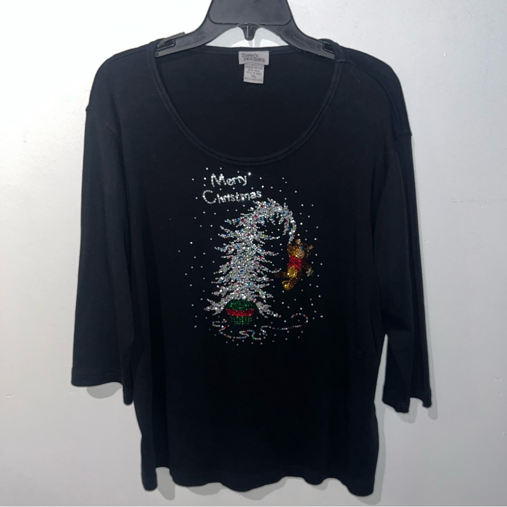 Vintage 90s Christmas Bedazzled Isaac’s Designs 1X Quarter Sleeved Black Tee